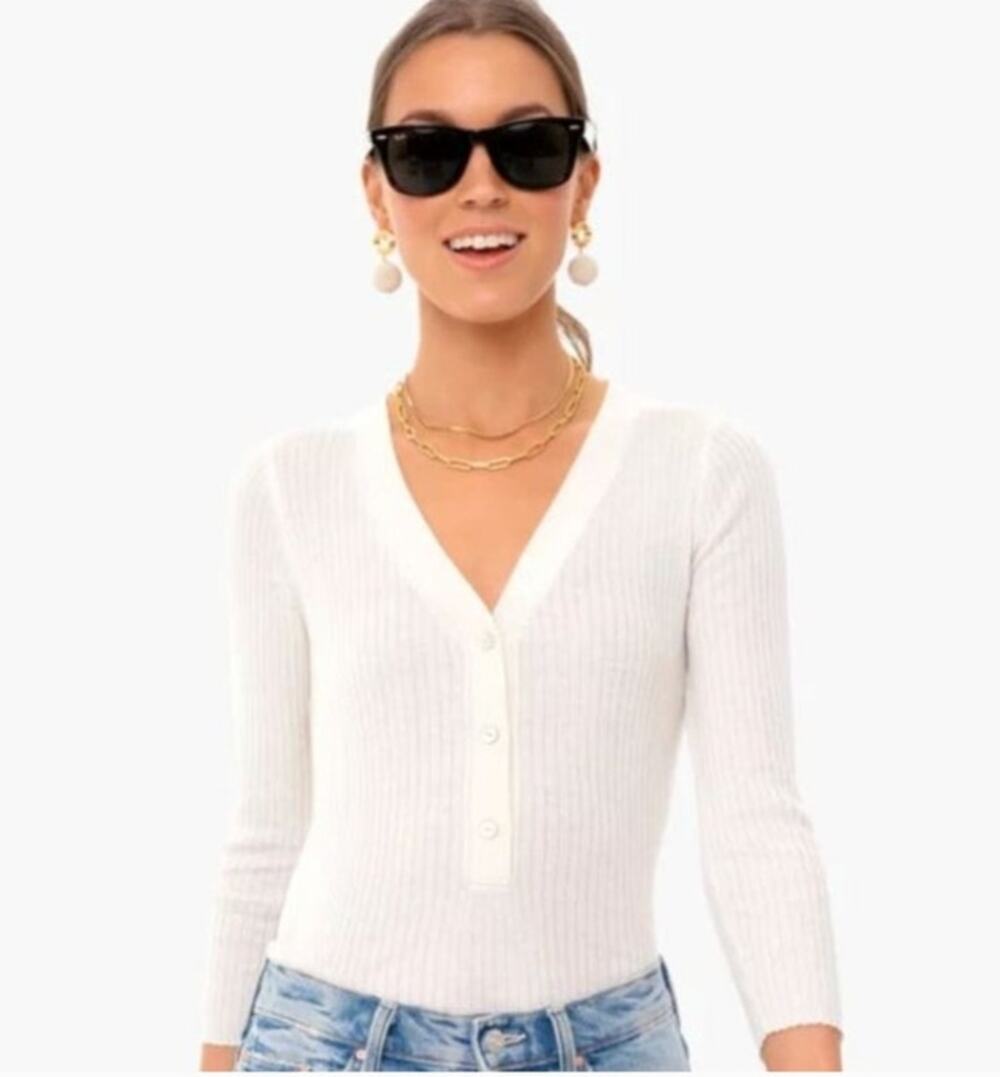Tuckernuck Cream White Ribbed Henley 3/4 Sleeve Knit Sweater